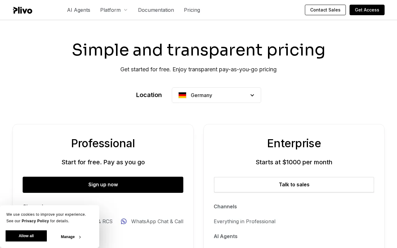 Plivo — pricing page