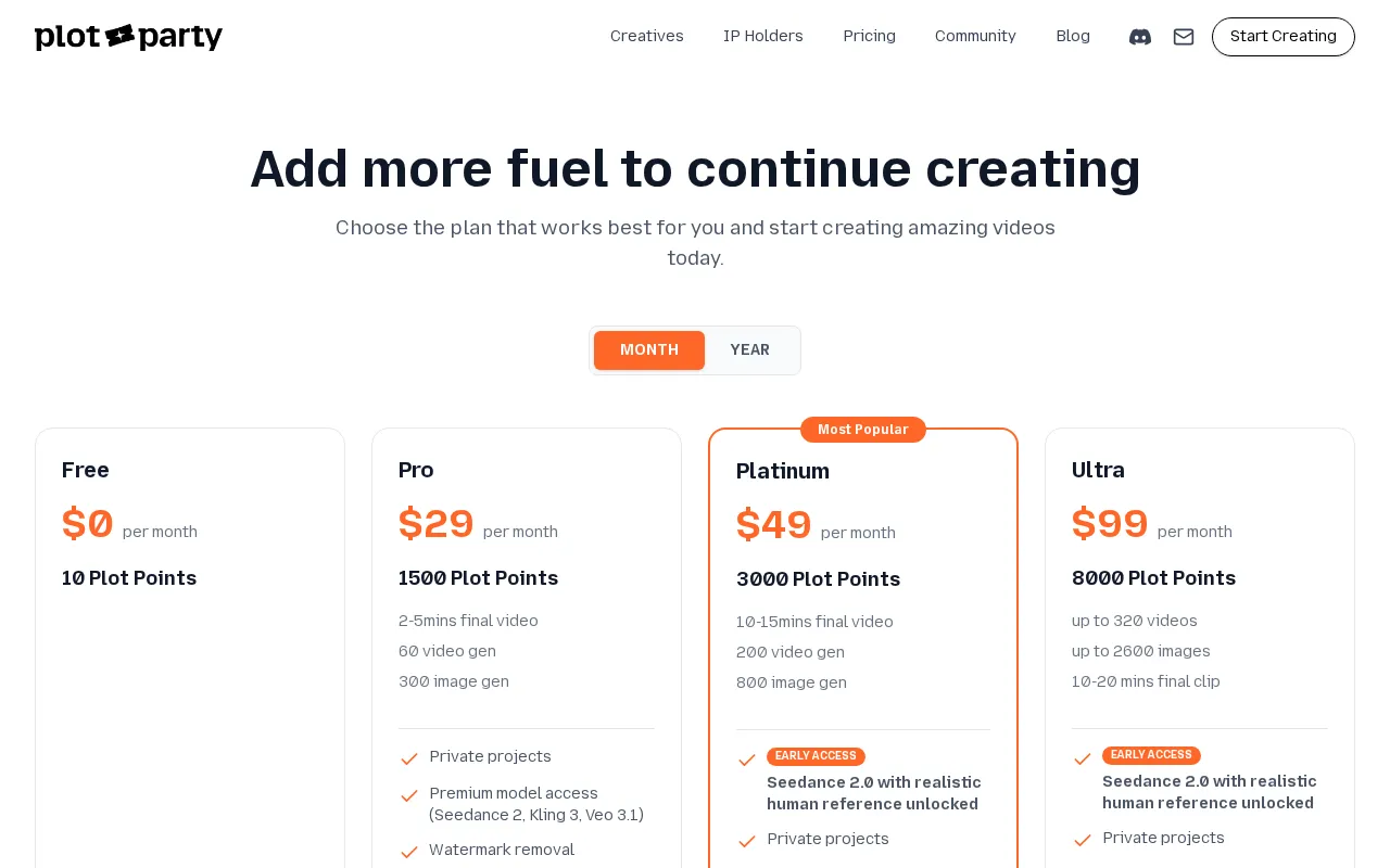 Plot Party — pricing page
