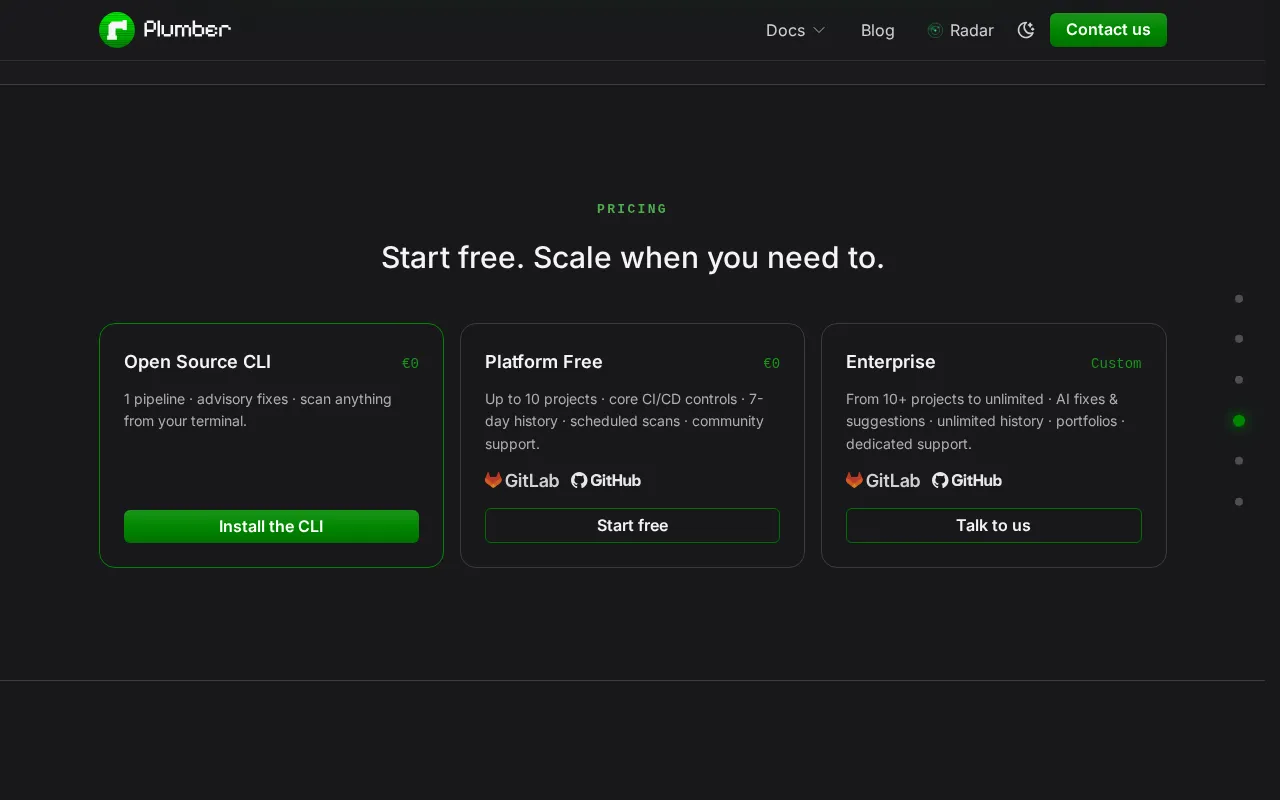 Plumber - CI/CD security for GitLab and GitHub — pricing page