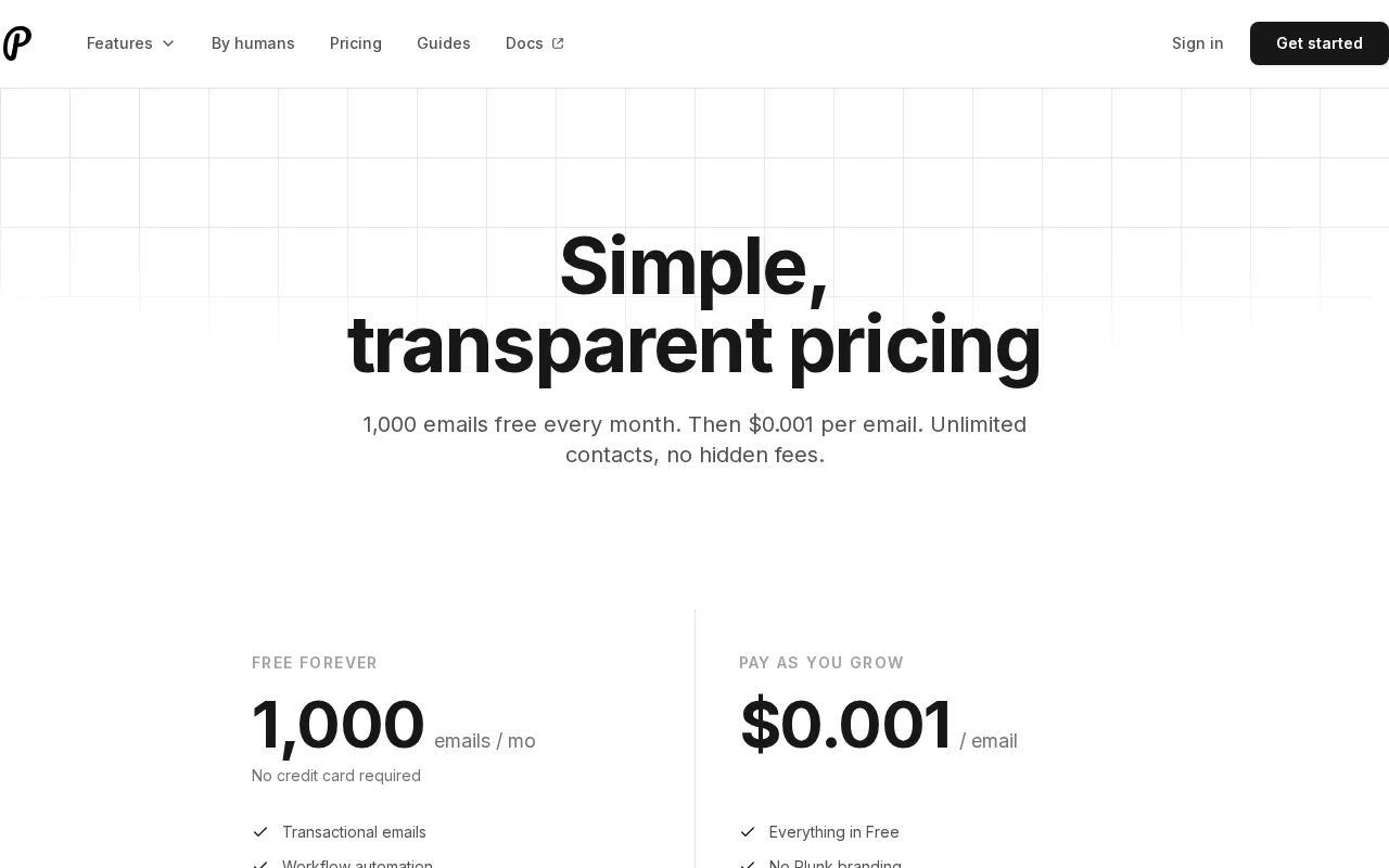 Plunk — pricing page