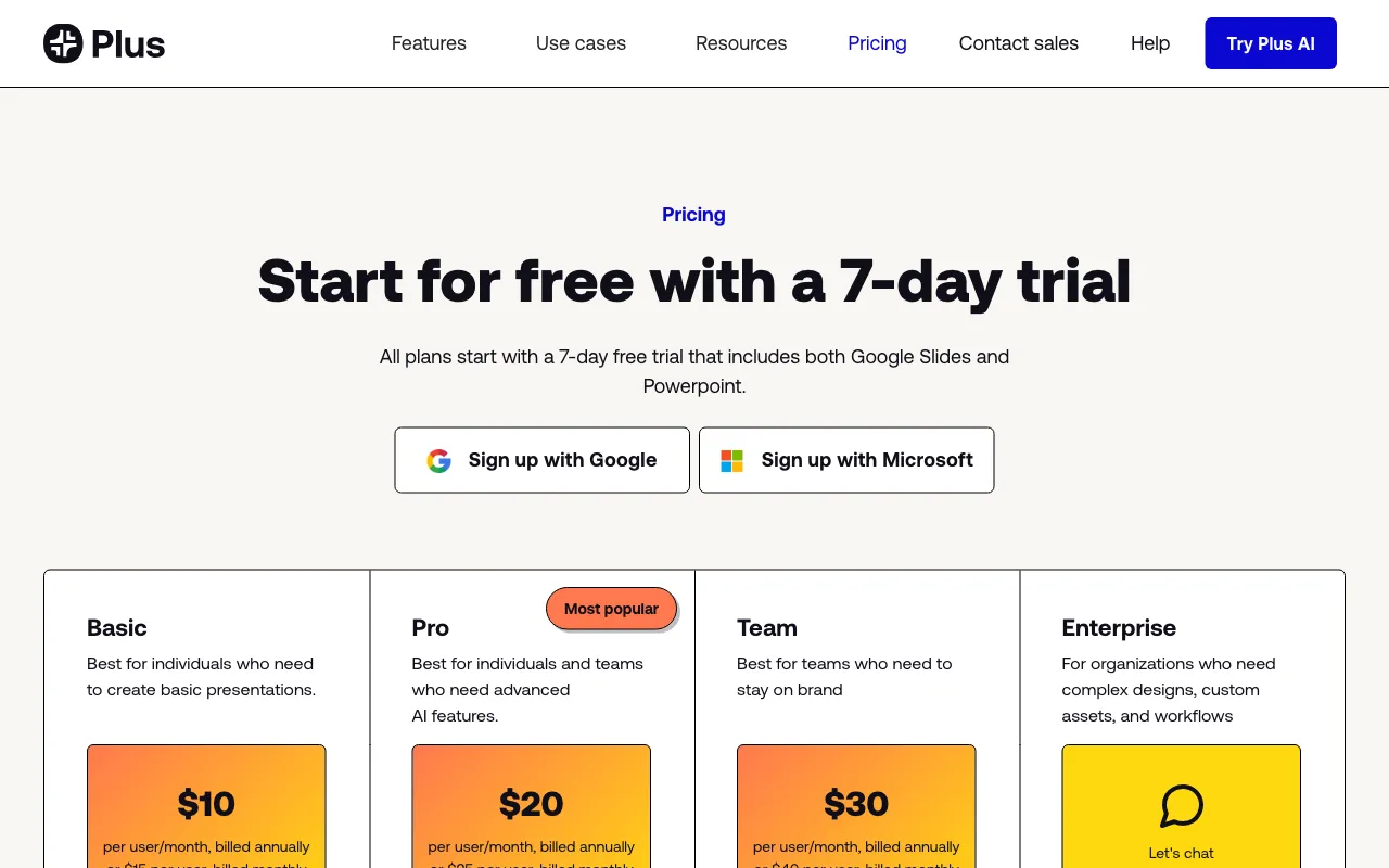 Plus AI Presentation Maker — pricing page