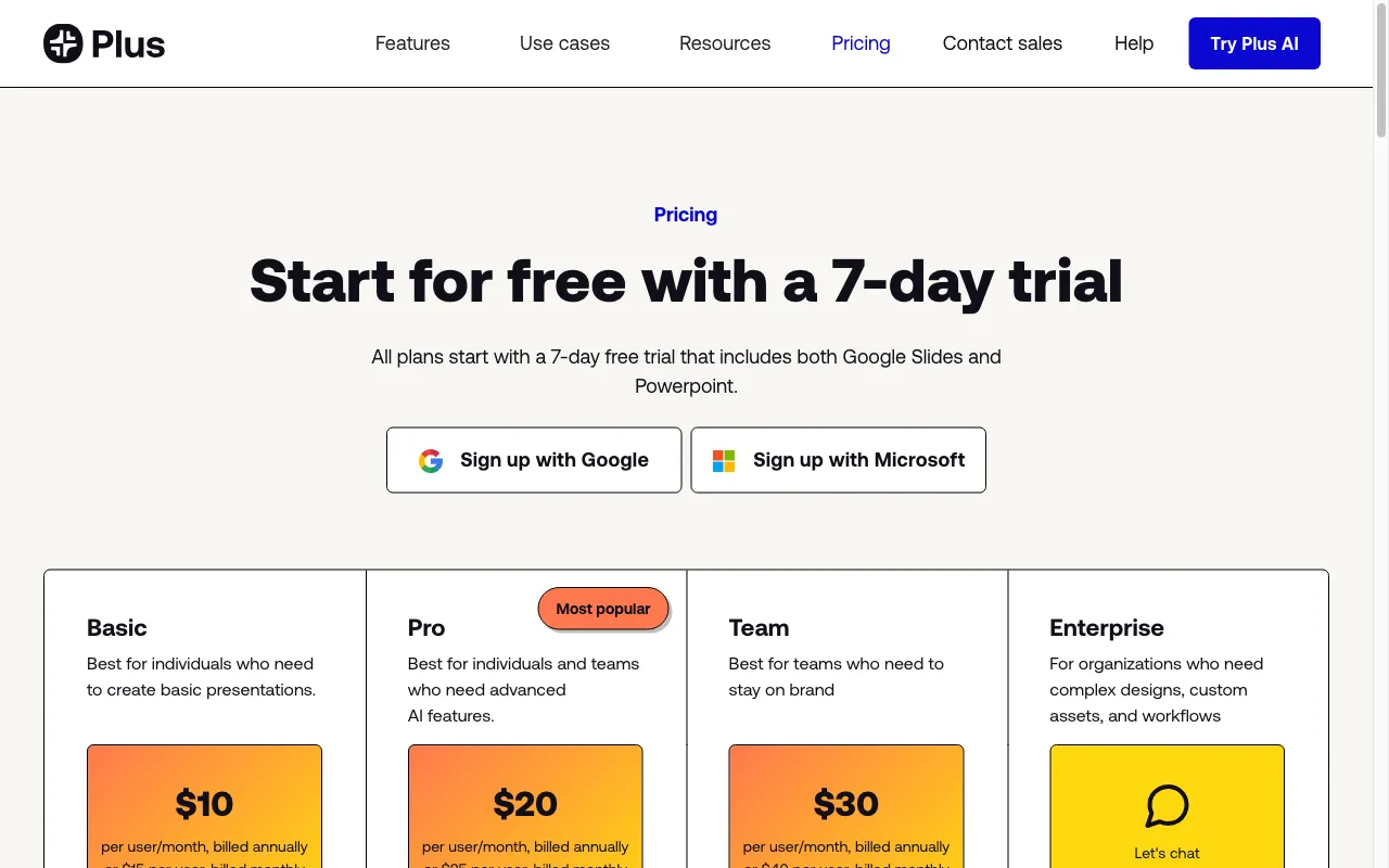 Plus AI — pricing page