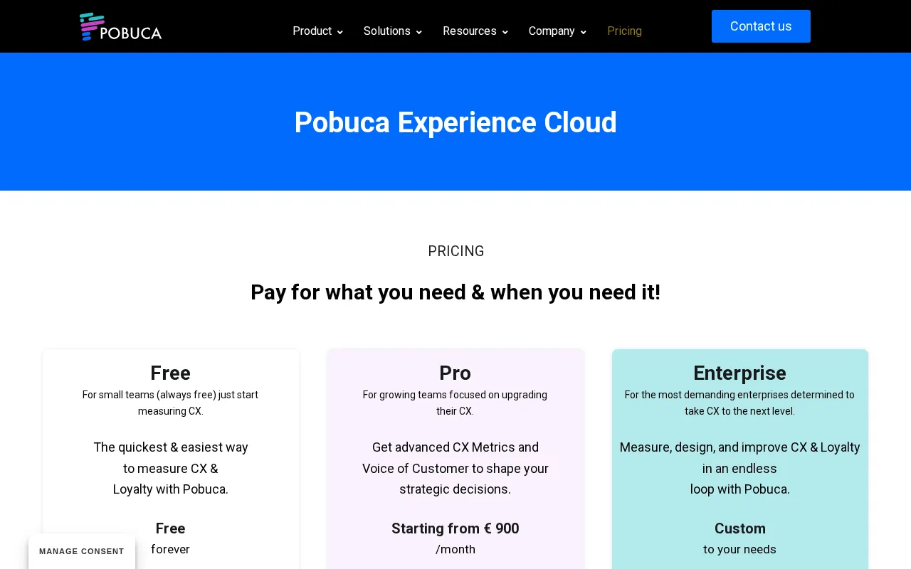 Pobuca Experience Cloud — pricing page