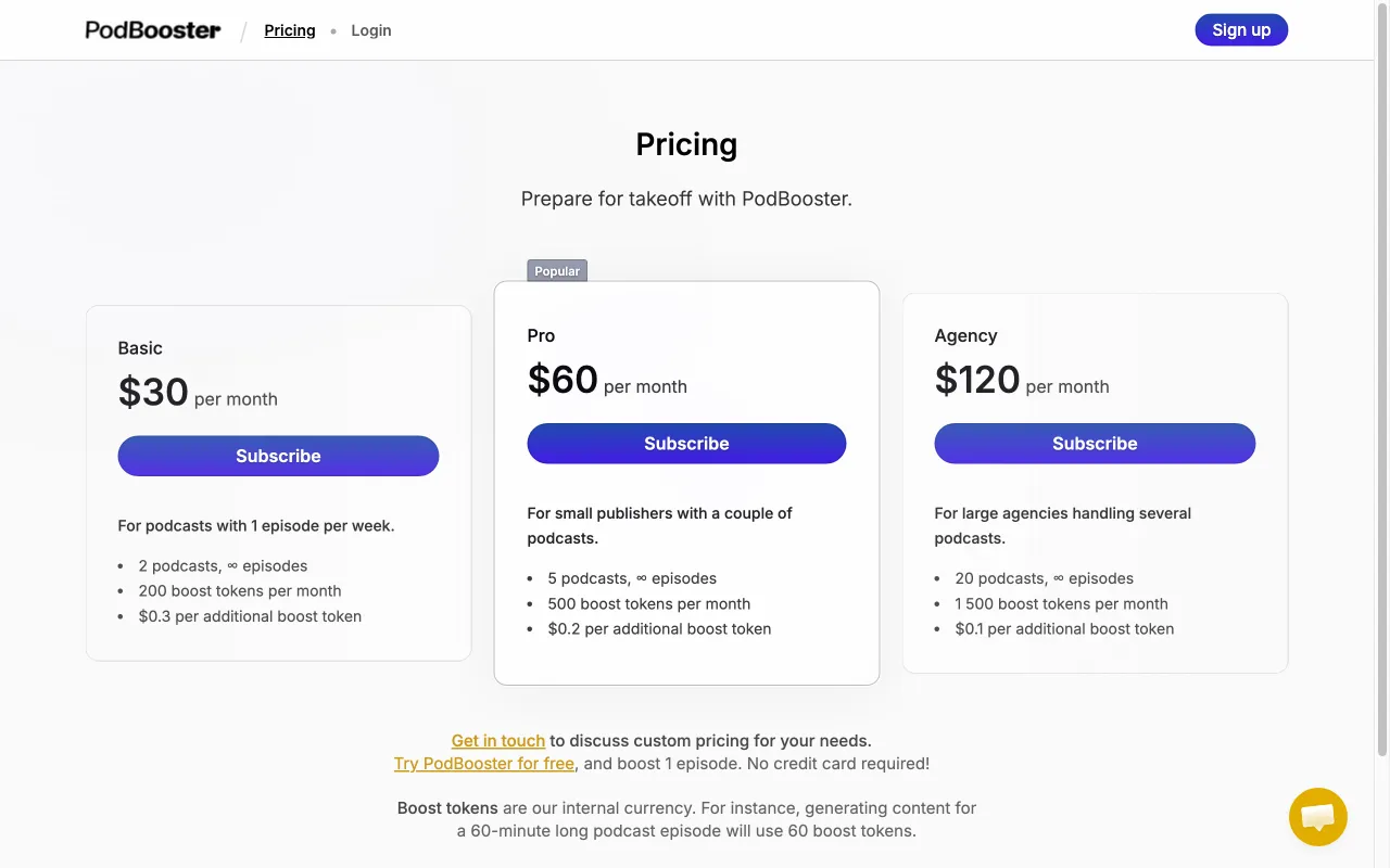 PodBooster — pricing page