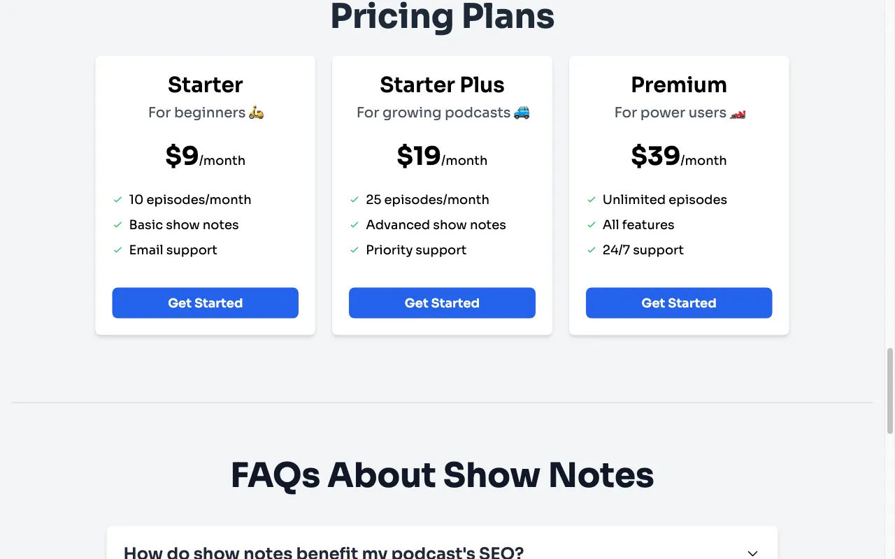 shownotesgenerator.com — pricing page