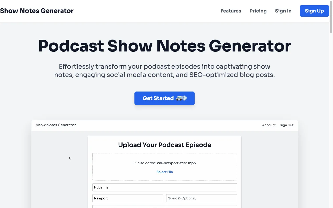 shownotesgenerator.com — preview screenshot
