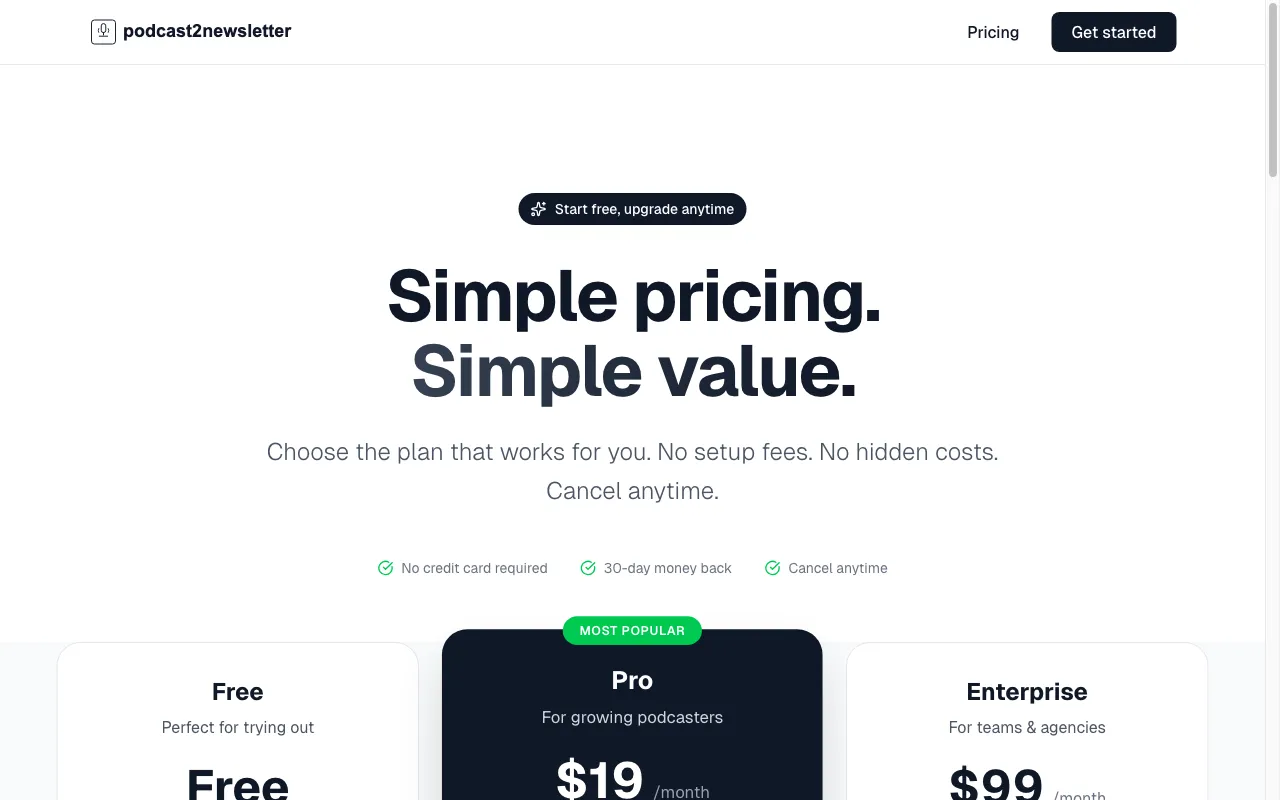 Podcast to Newsletter Generator — pricing page
