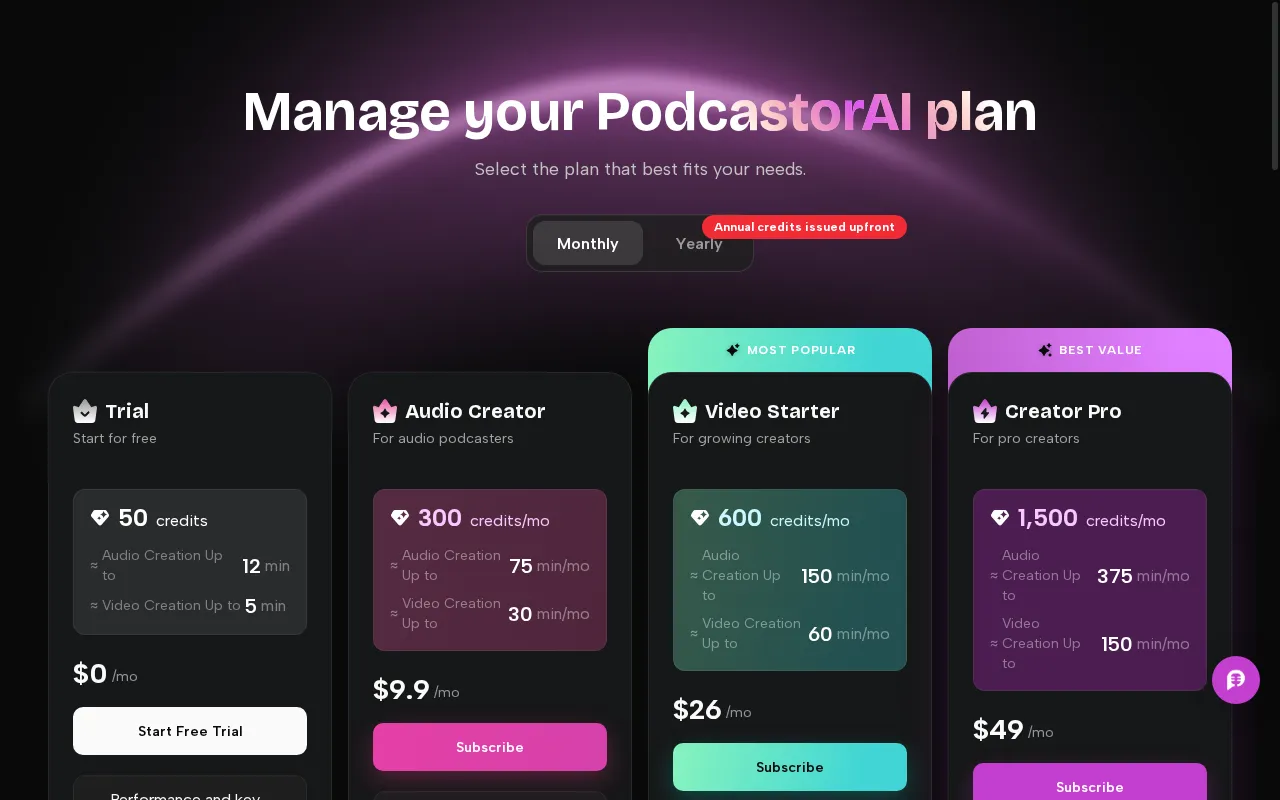 PodcastorAI — pricing page