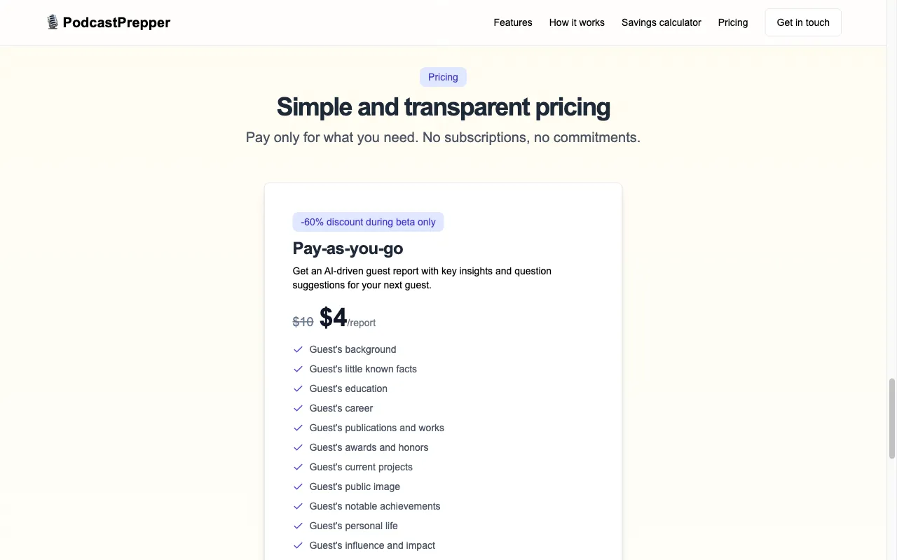 PodcastPrepper — pricing page