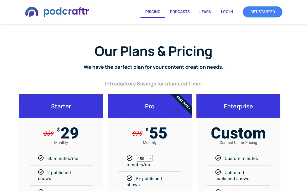 Podcraftr — pricing page