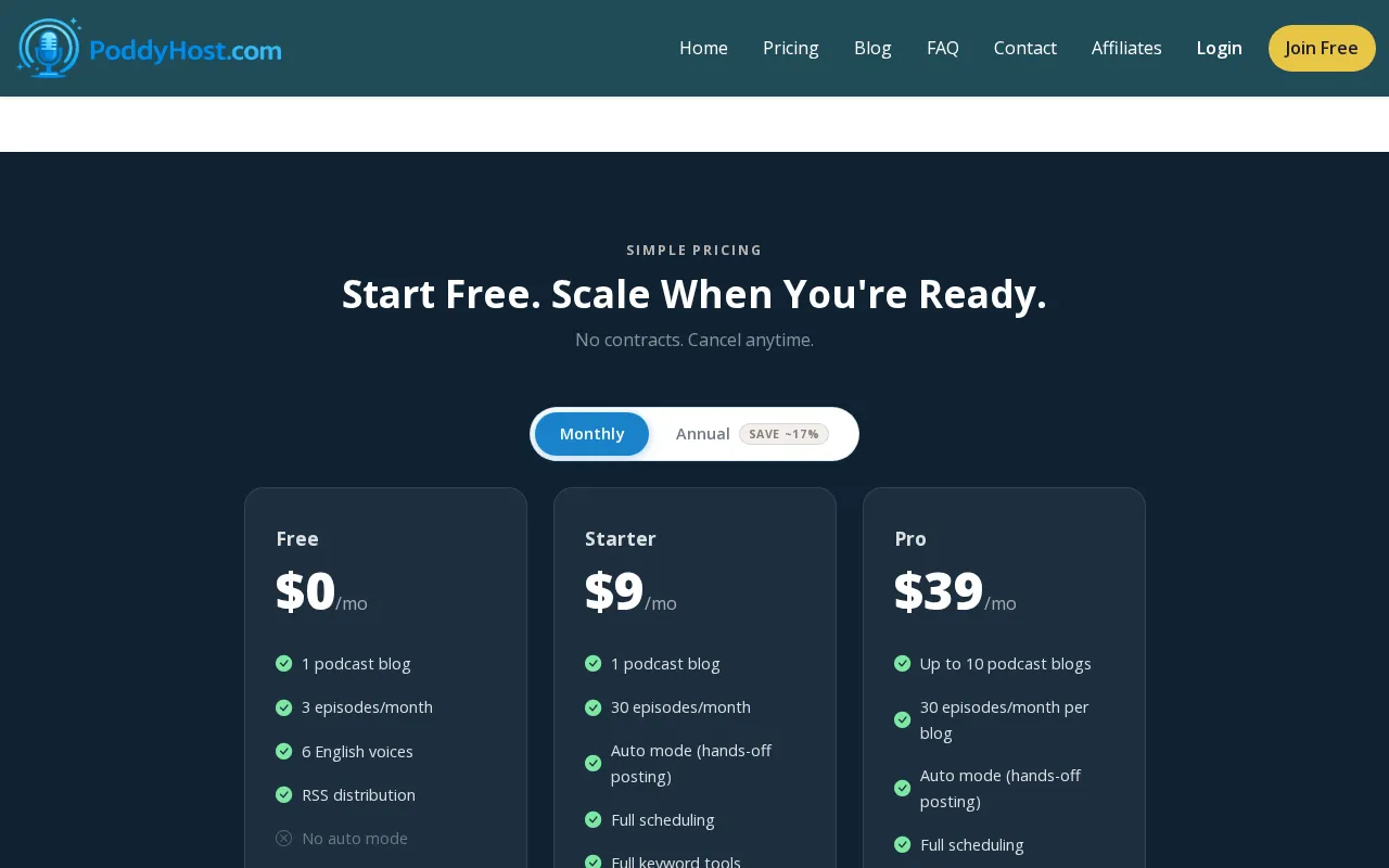 PoddyHost.com — pricing page