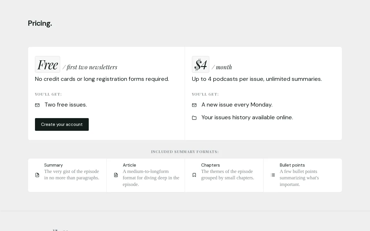 Podlettr-a letter from your podcasts. — pricing page