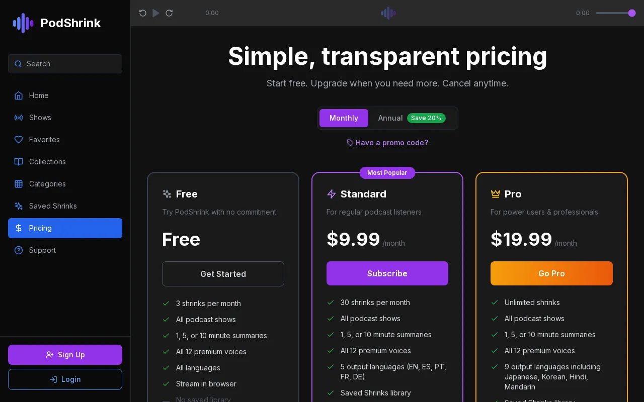PodShrink — pricing page