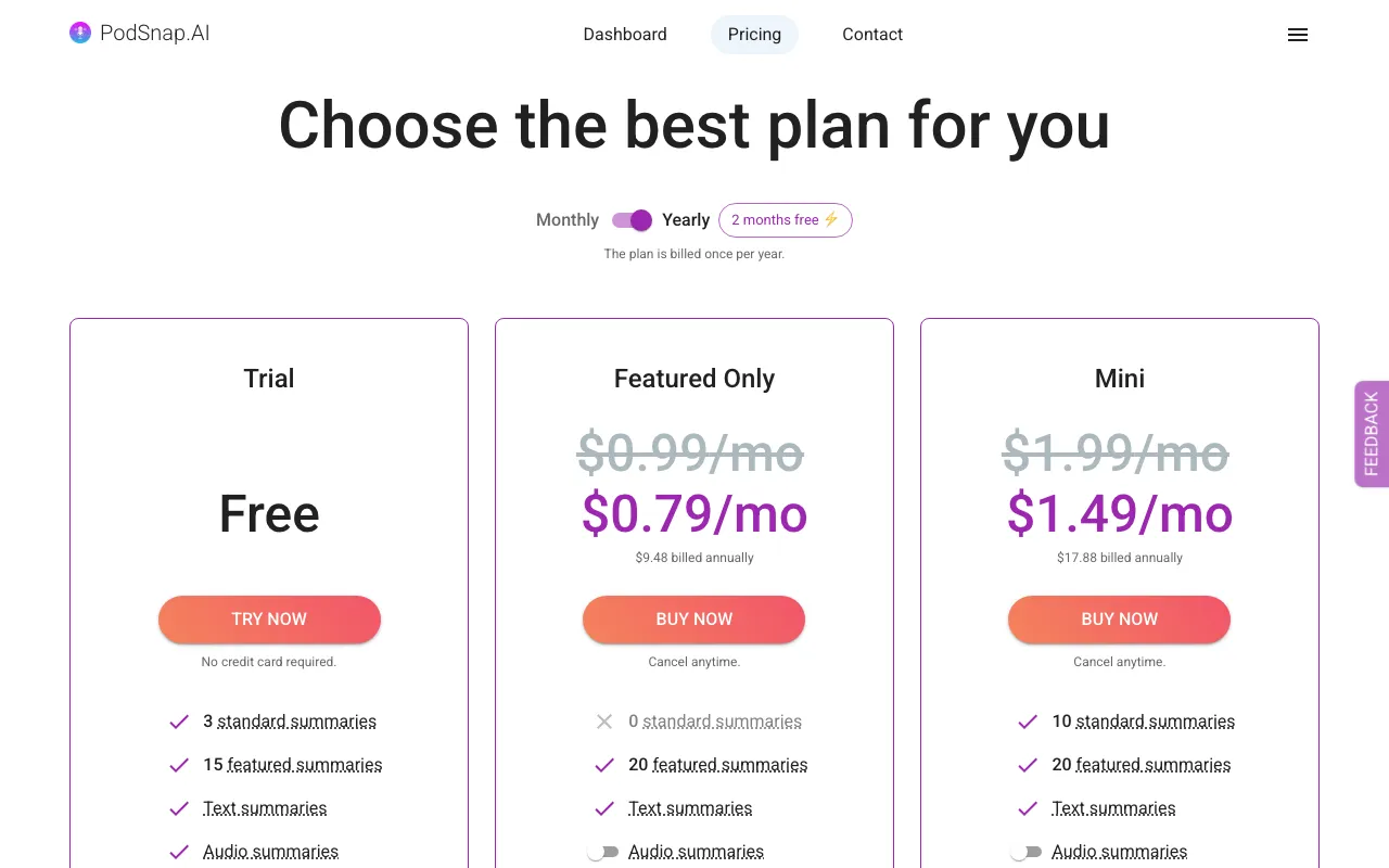 PodSnap.AI — pricing page