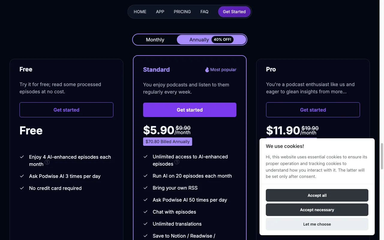 Podwise AI — pricing page