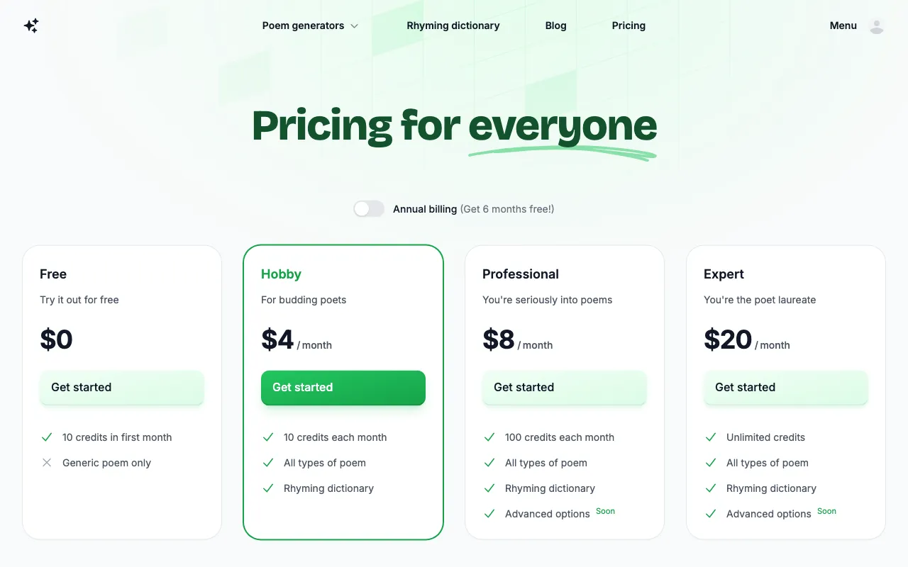 PoemGenerator.com — pricing page