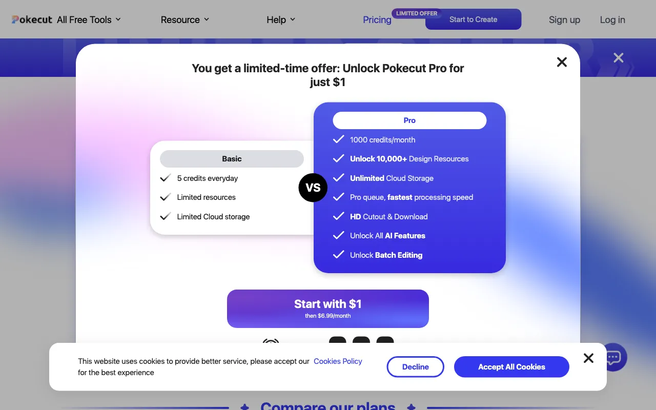 Pokecut-AI Powered Online Photo Editor — pricing page