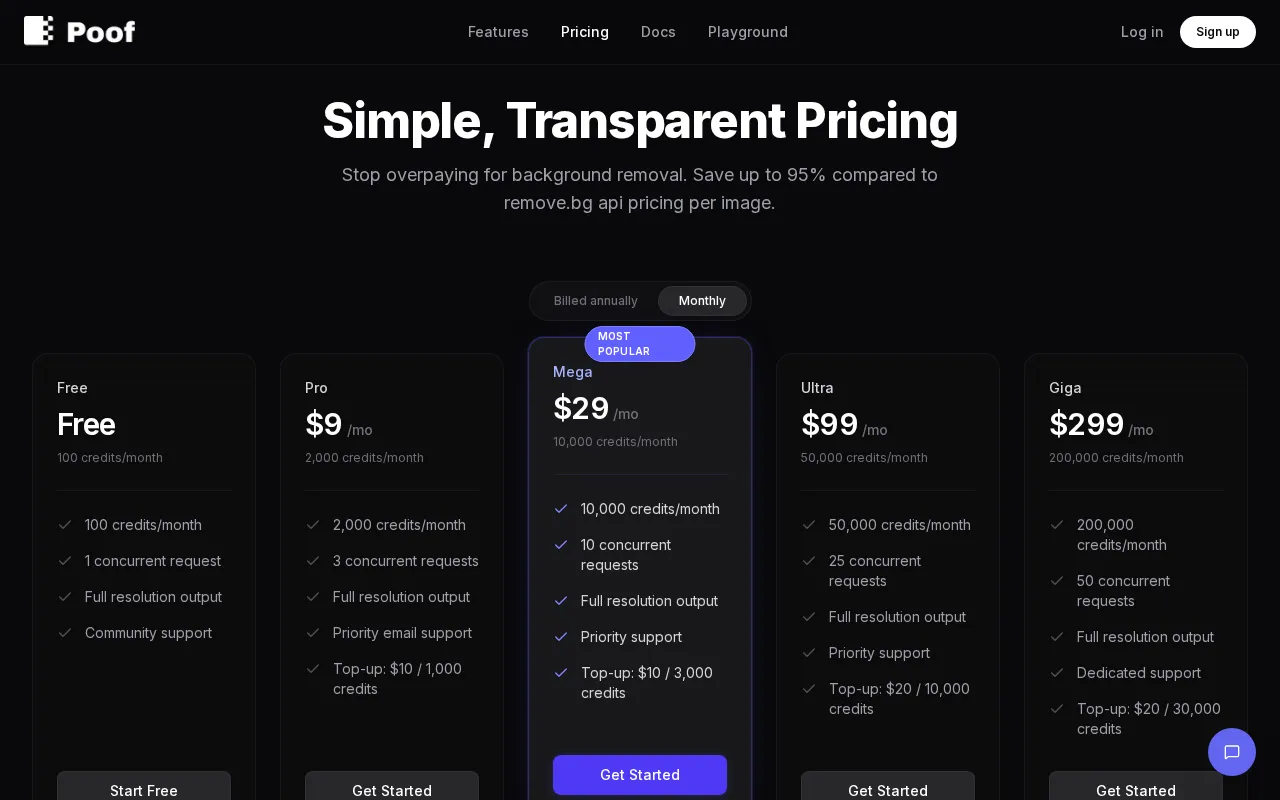 Poof — pricing page