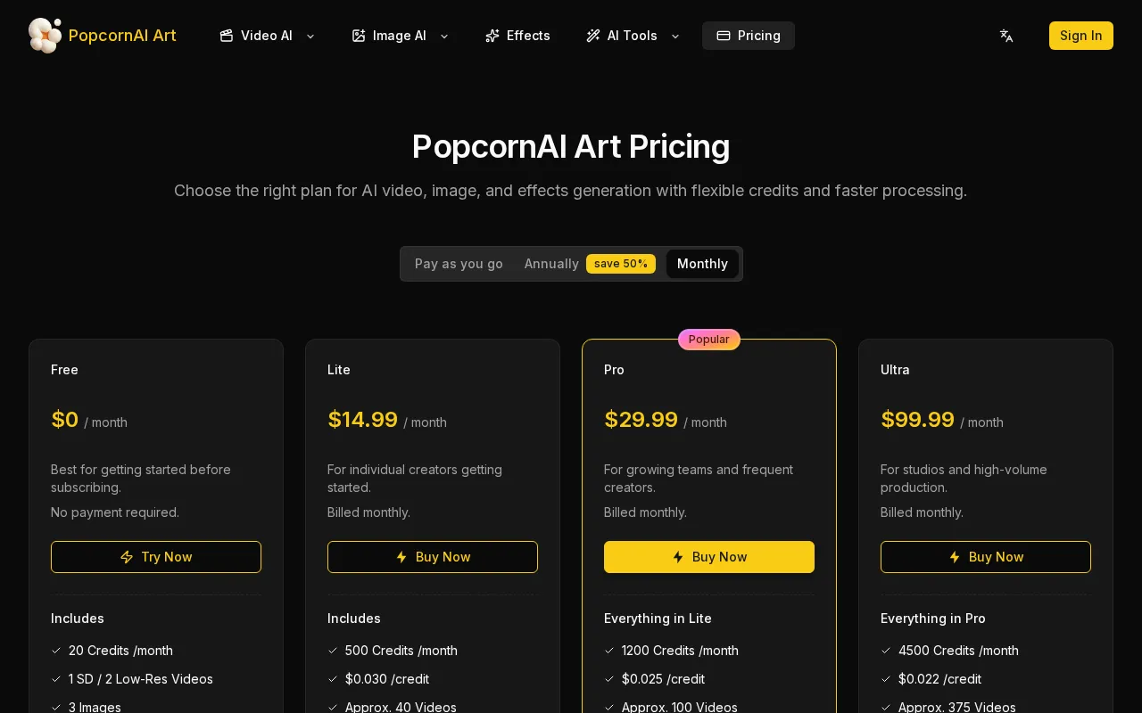 PopcornAI — pricing page
