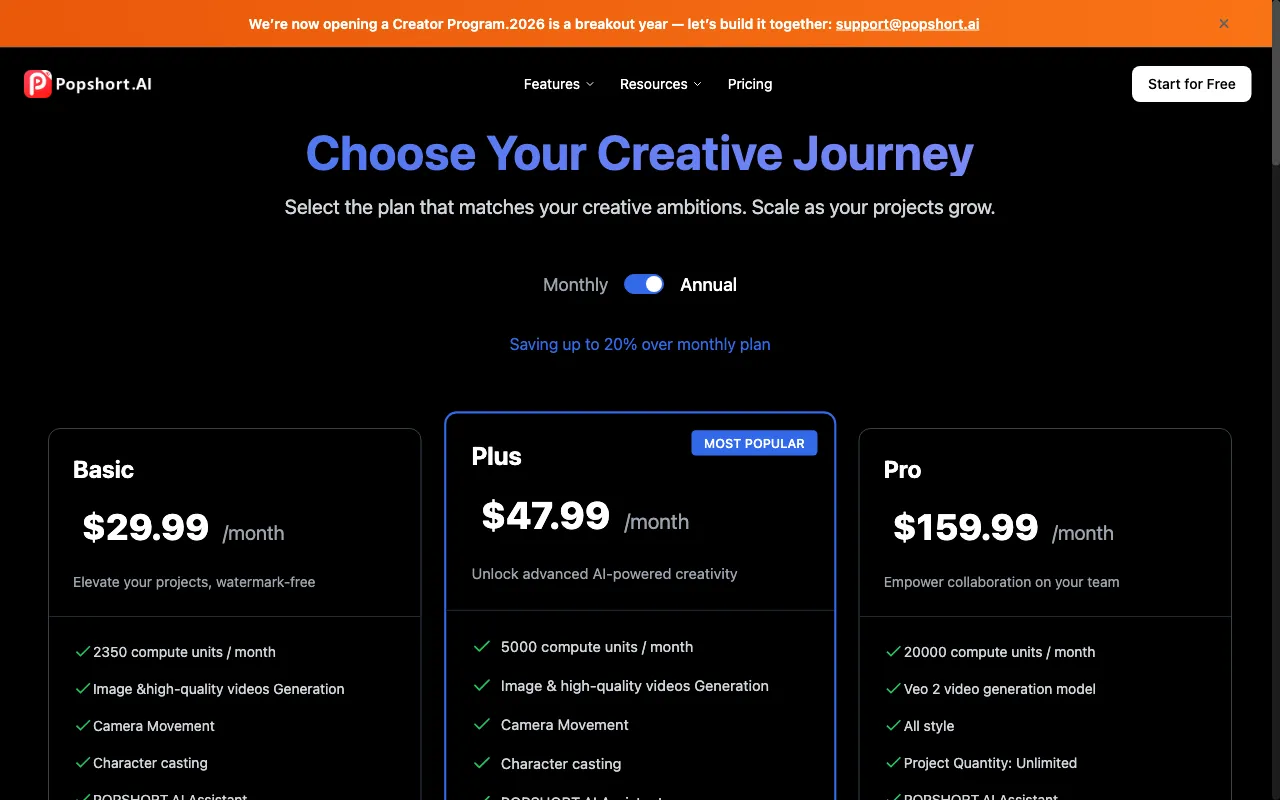 PopShort.Al — pricing page