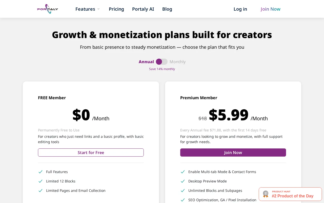 Portaly — pricing page