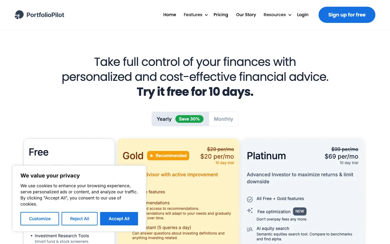 PortfolioPilot Insights — pricing page