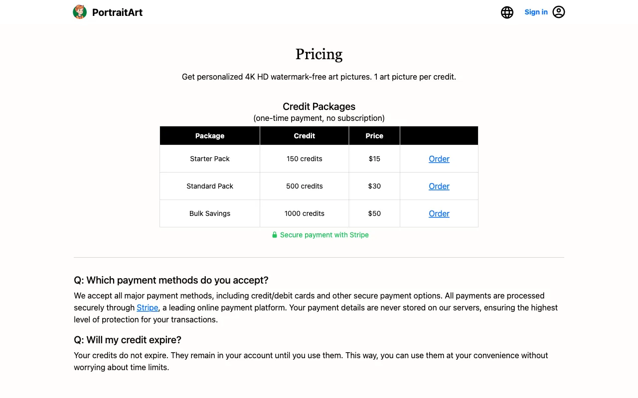 PortraitArt — pricing page