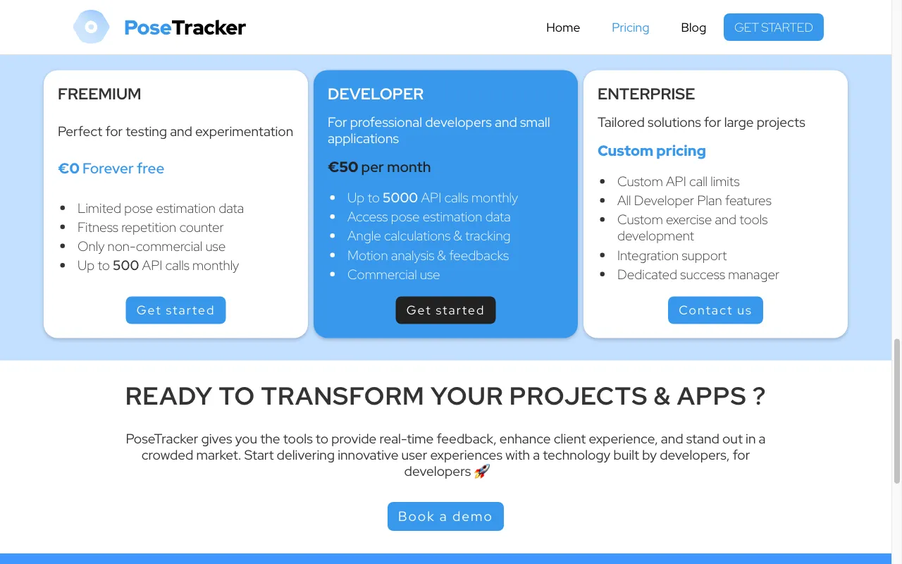 PoseTracker API — pricing page