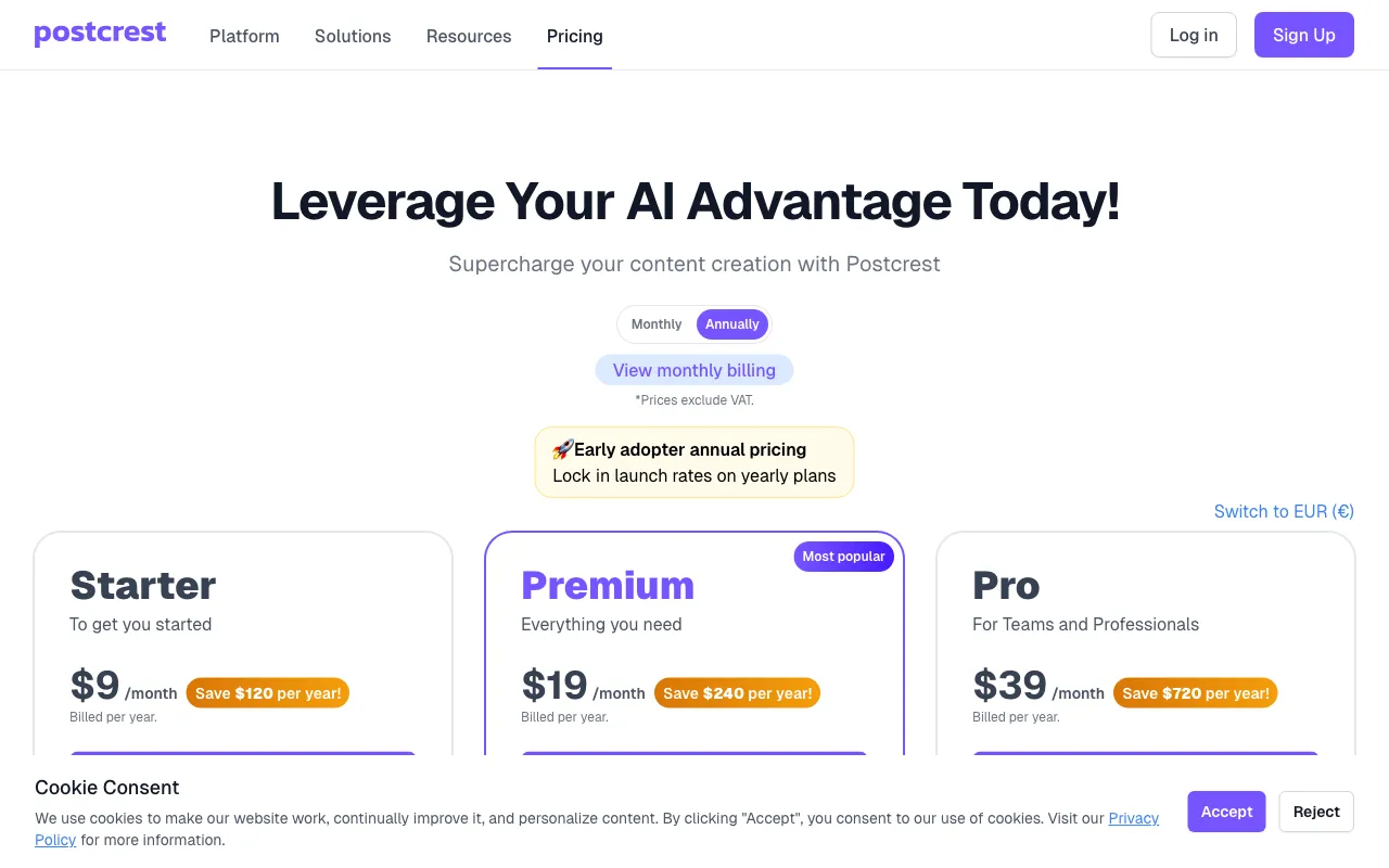 Postcrest — pricing page
