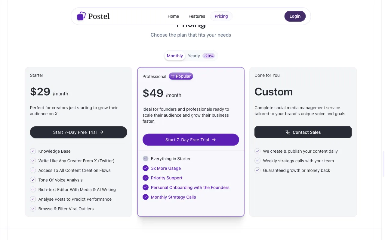 Postel — pricing page