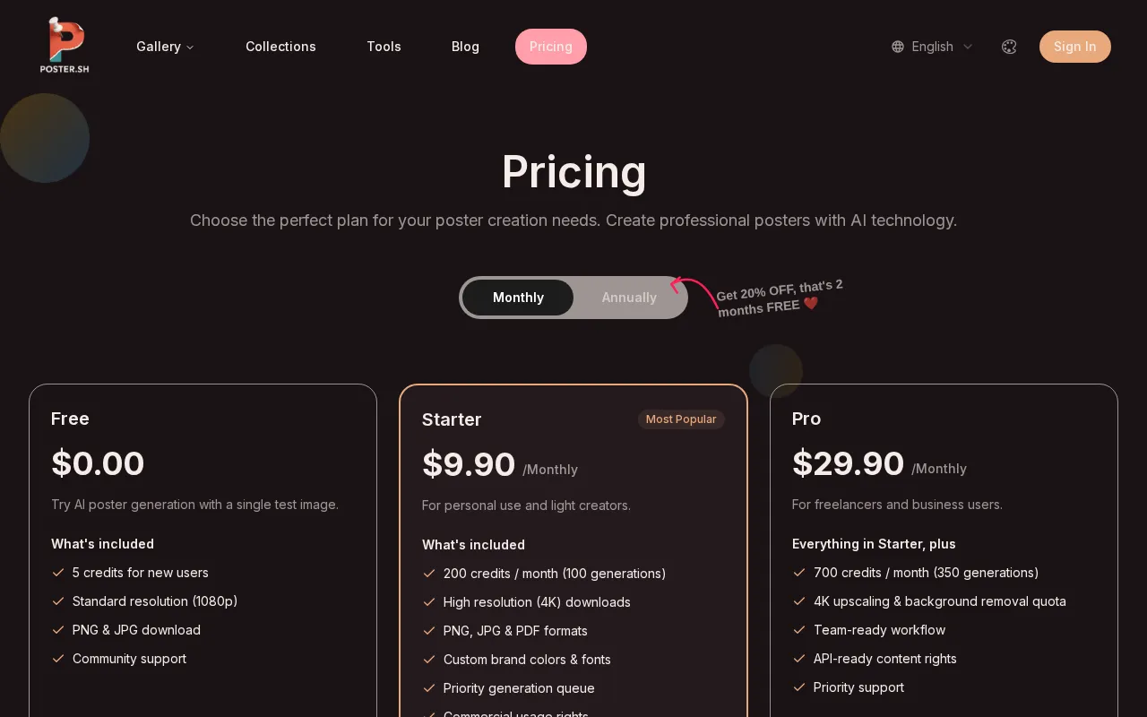Poster.sh — pricing page