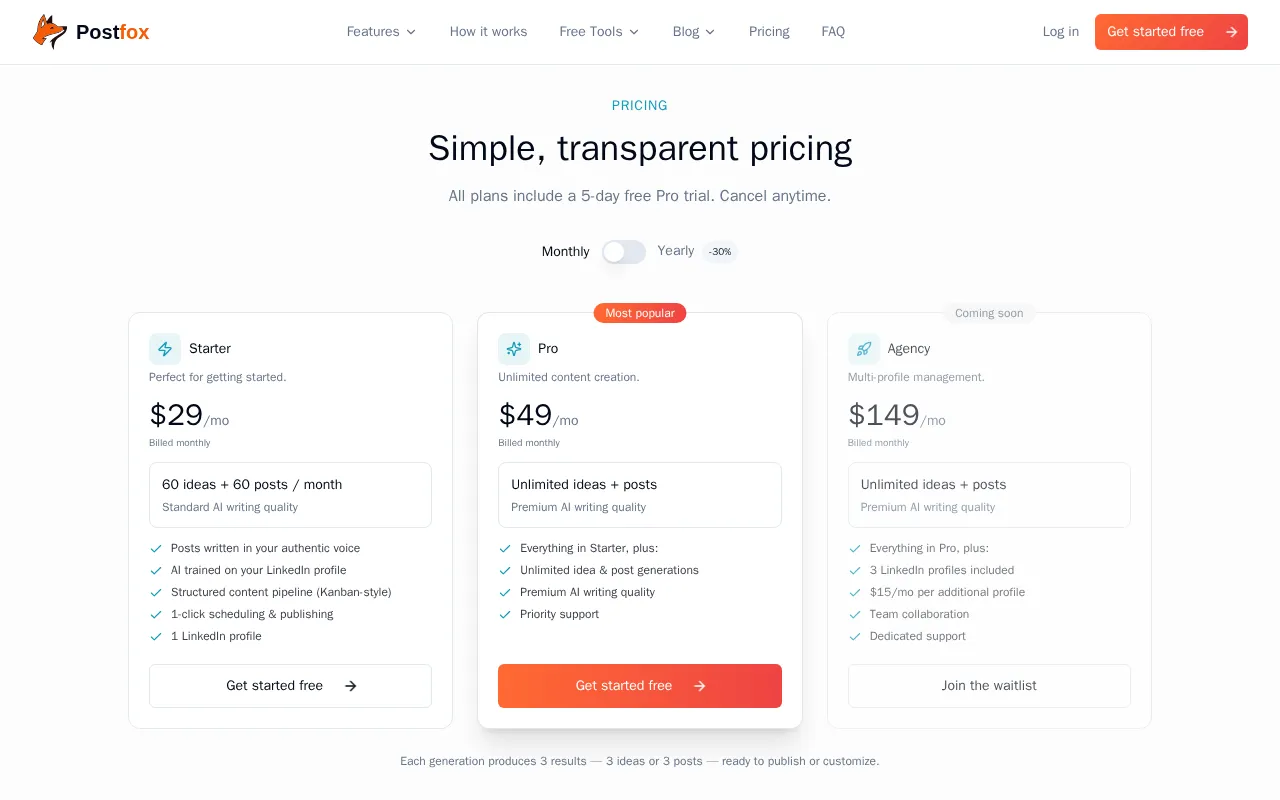 Postfox — pricing page