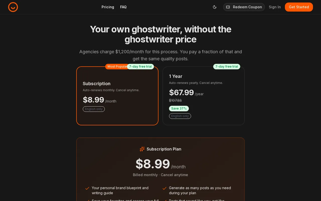 PostGod — pricing page