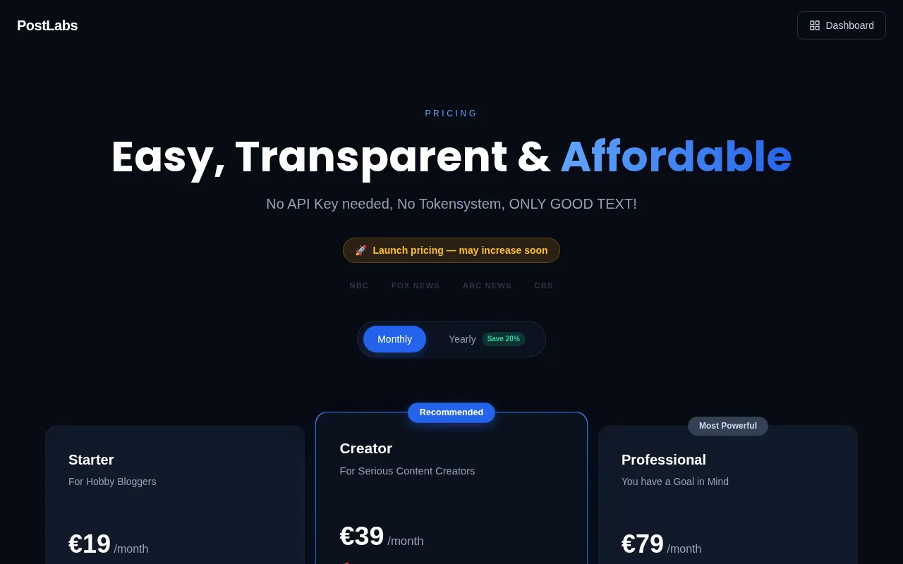 Postlabs — pricing page