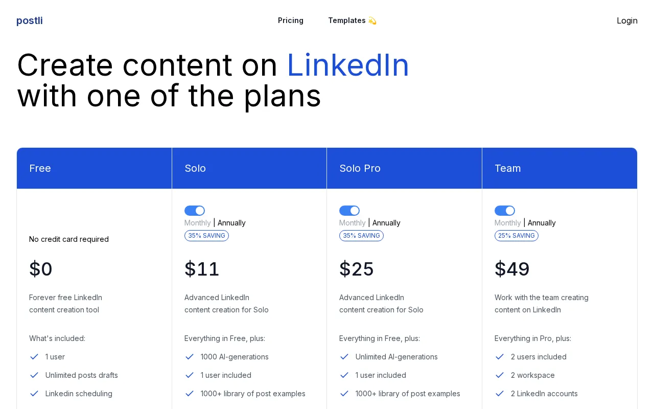 Postli — pricing page