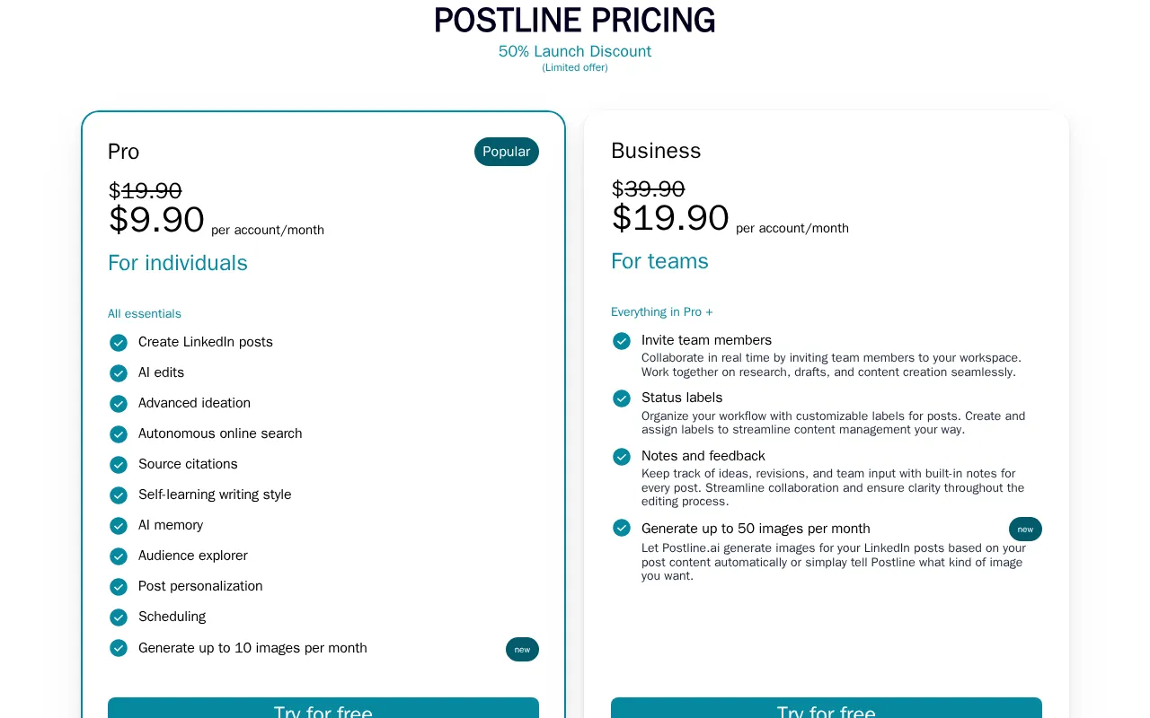 Postline.ai — pricing page