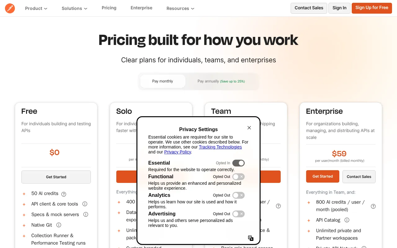 Postman — pricing page