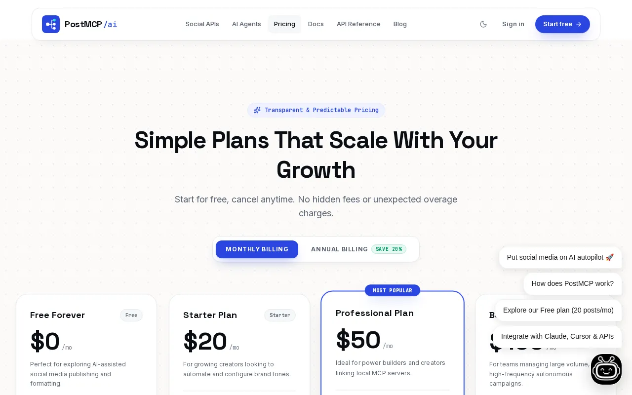 PostMCP AI — pricing page
