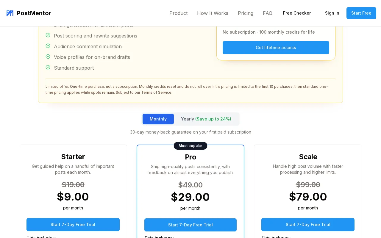 PostMentor — pricing page