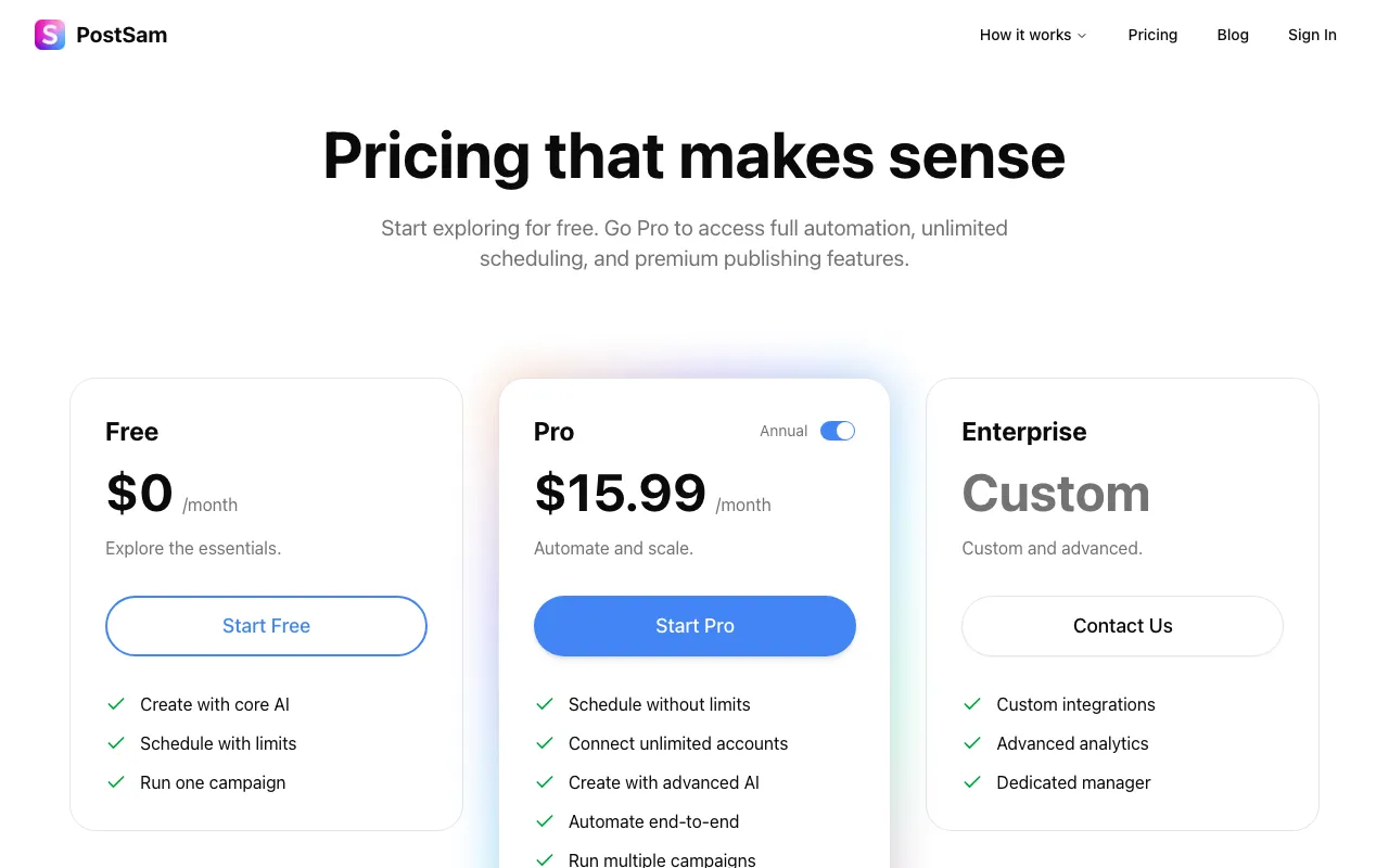PostSam — pricing page