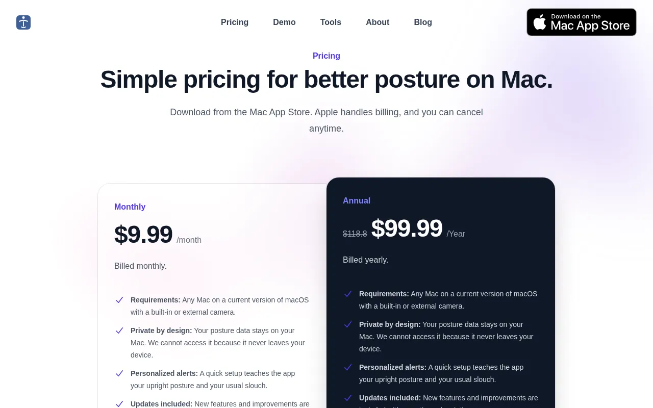 Posture Reminder App — pricing page