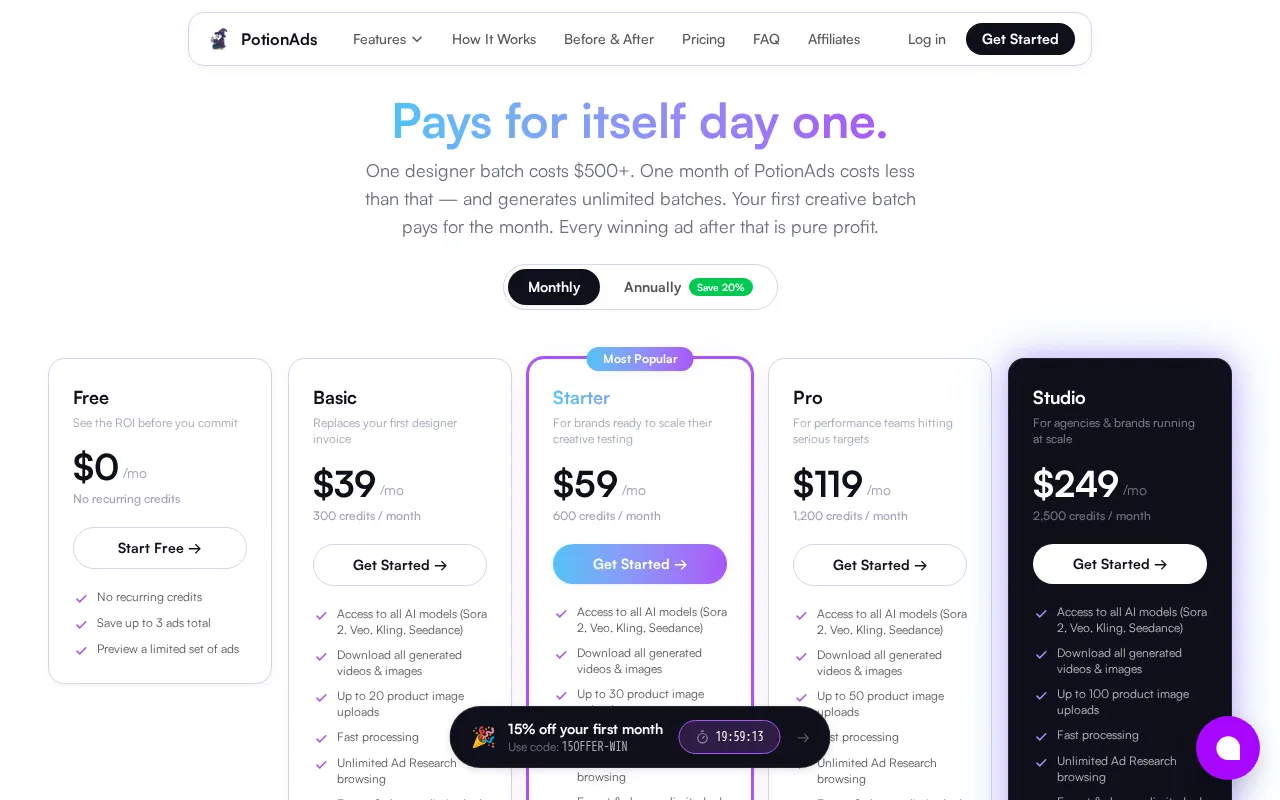 Potionads — pricing page