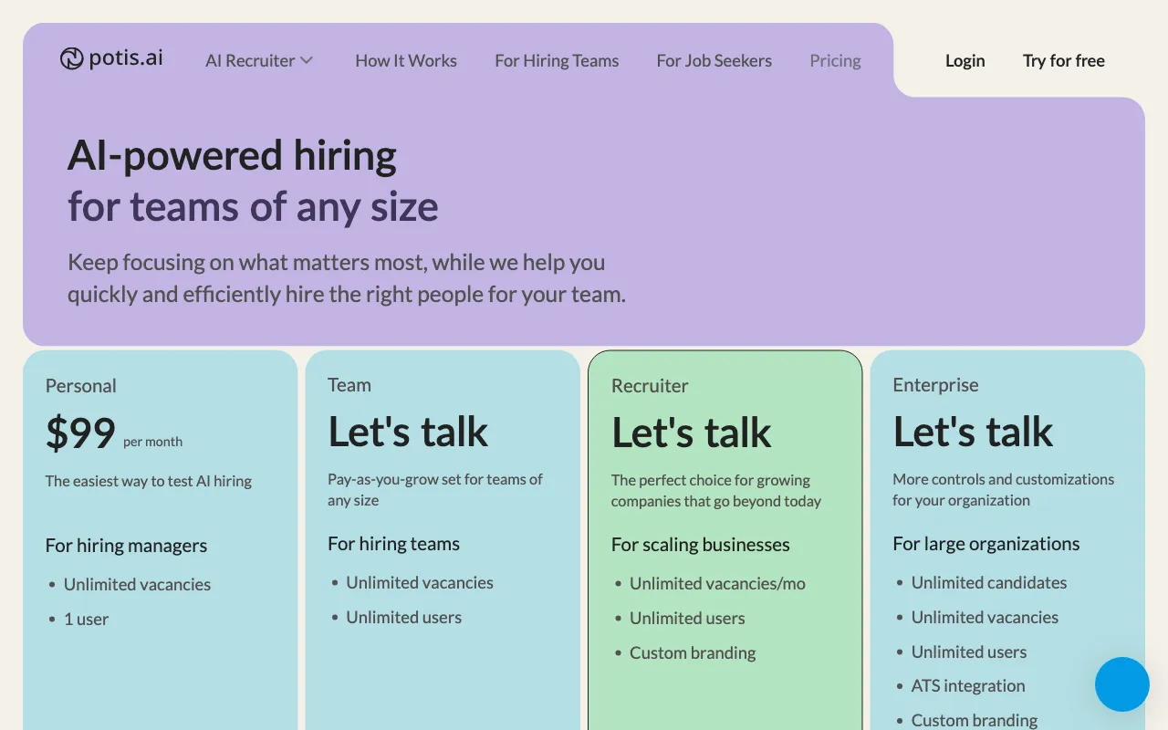 Potis AI — pricing page