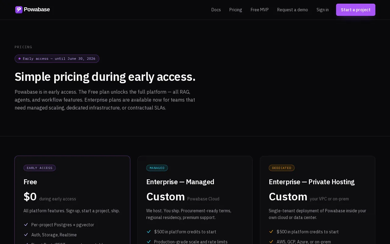 Powabase — pricing page
