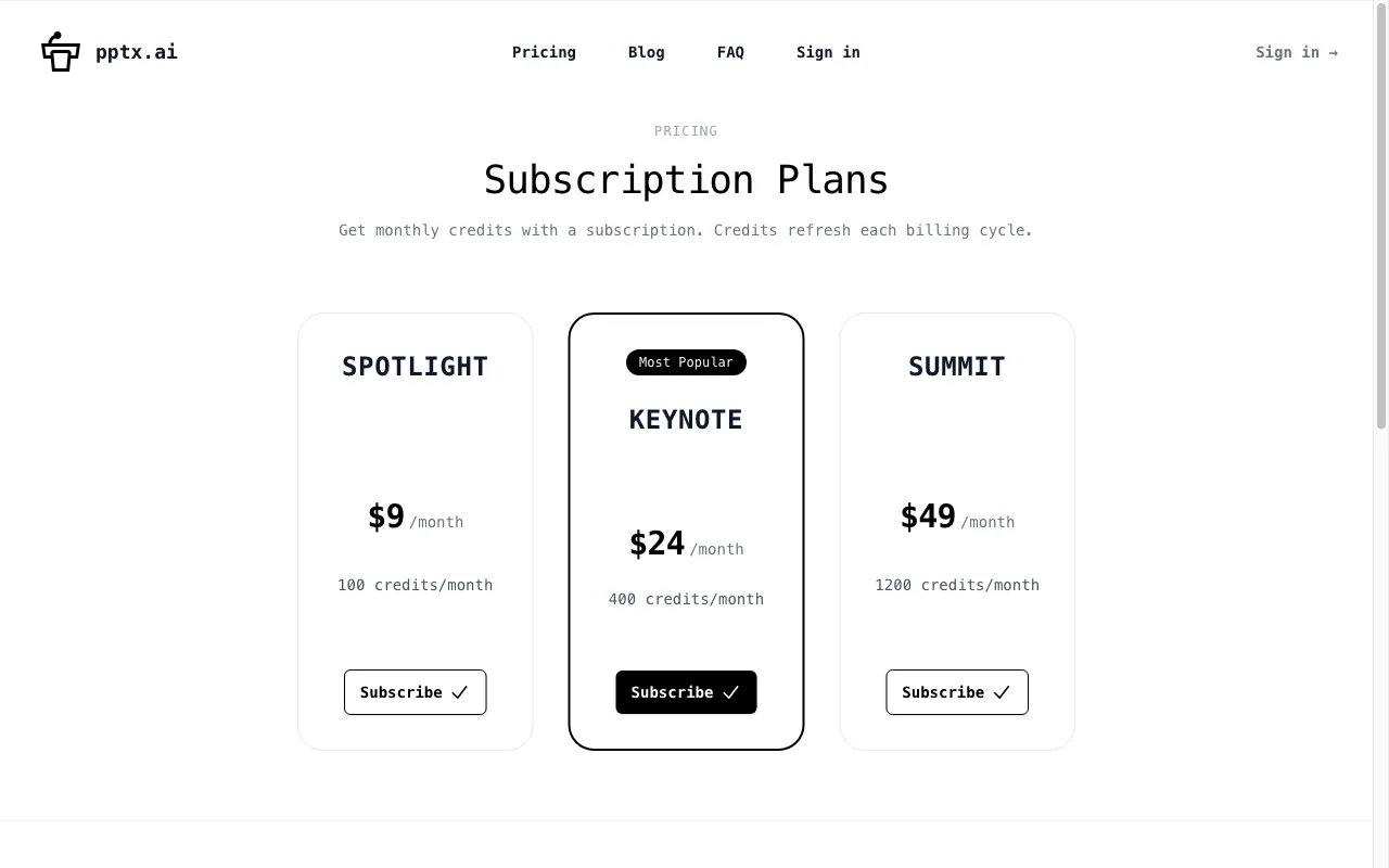 PPTX.ai — pricing page