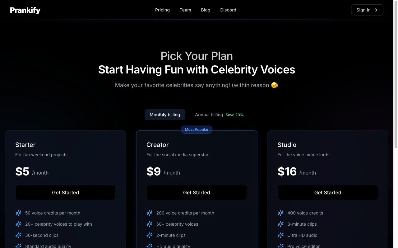 Prankify AI — pricing page