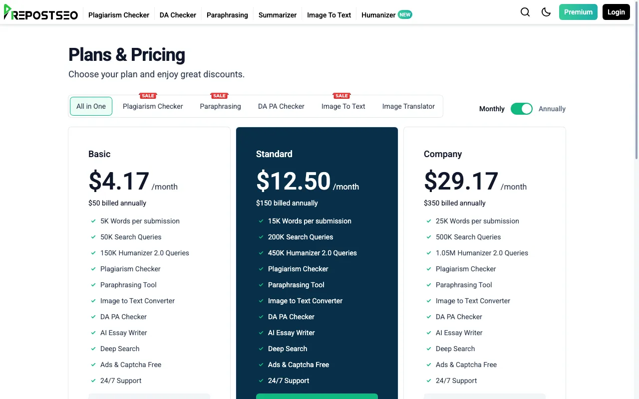 Prepostseo — pricing page