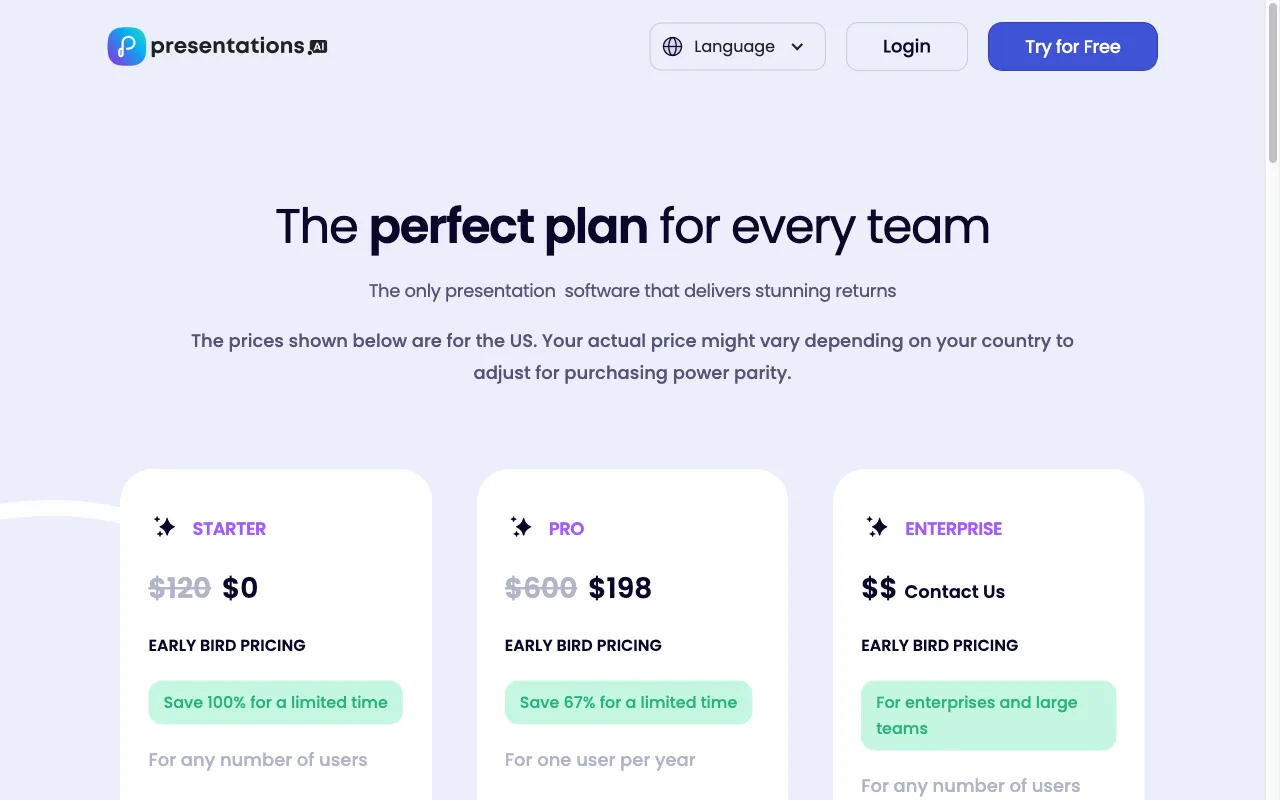 Presentations.ai — pricing page