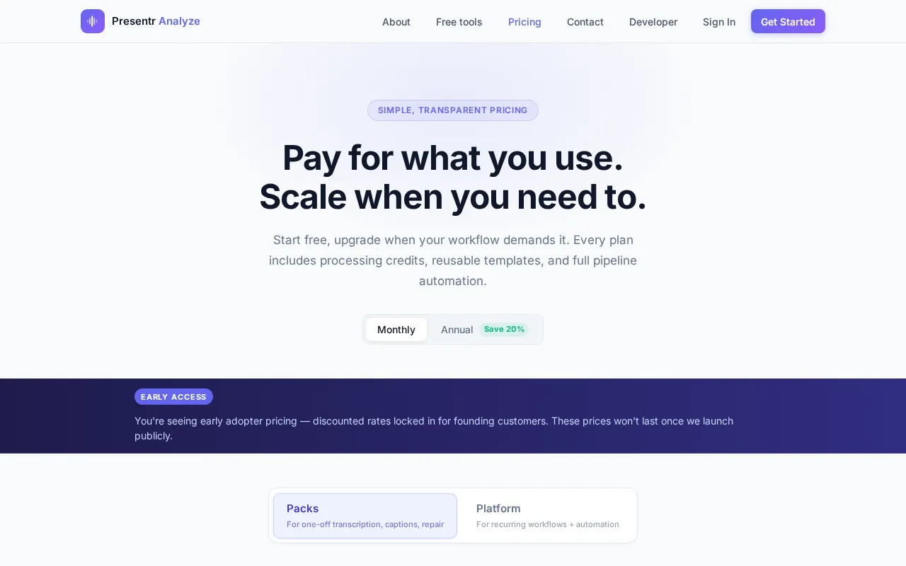 Presentr Analyze — pricing page