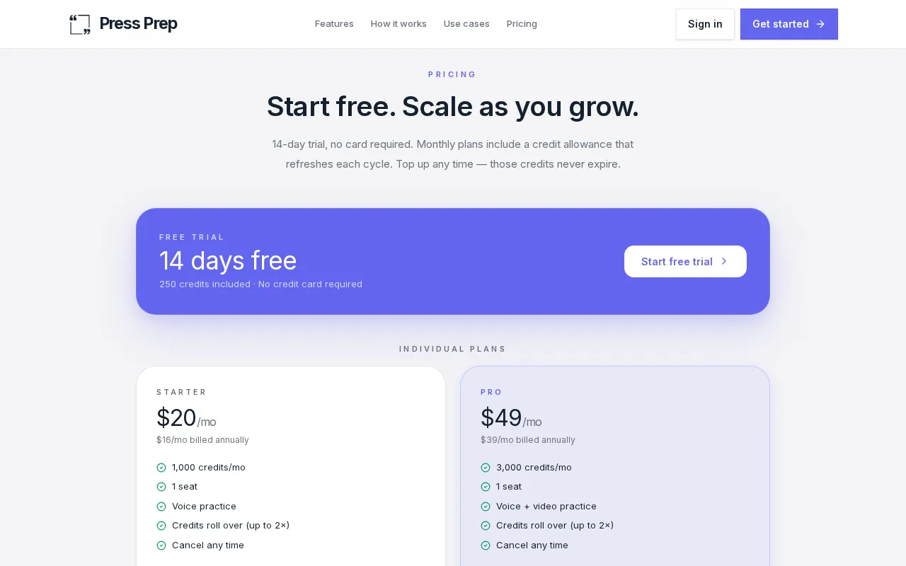 Press Prep — pricing page